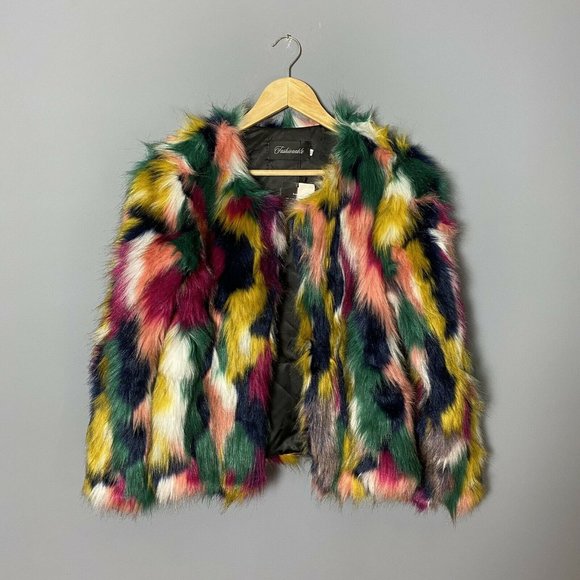 Colorful Faux Fur Open Front Statement Jacket - Picture 1 of 8